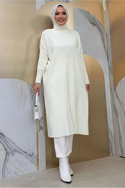 TRENDTESETTÜR WOMEN'S Ecru BAT SLEEVE FITTED TRICOT TUNIC 1624