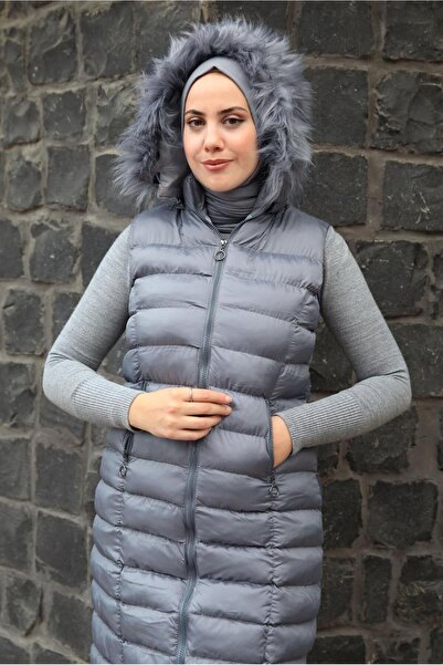 TRENDTESETTÜR WOMEN'S GRAY HOODED PUFFY VEST T 4747