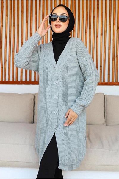TRENDTESETTÜR Women's Gray Long Knitwear Cardigan T 0763