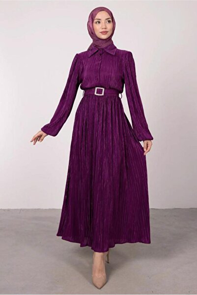 TRENDTESETTÜR WOMEN'S PURPLE (BEGONVIL) BALLOON SLEEVE BELTED BUTTONED DRESS ...