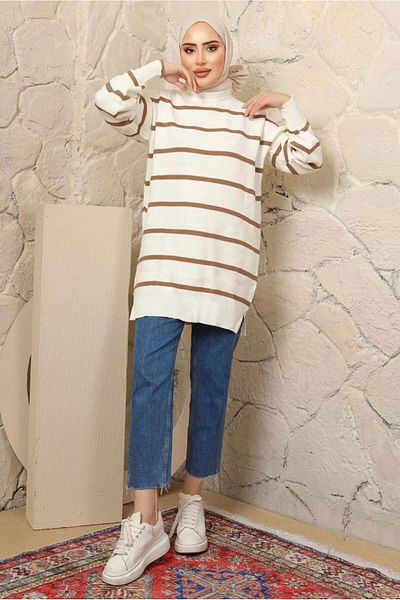 TRENDTESETTÜR WOMEN'S COFFEE (CAMEL) STRIPED TRICOT TUNIC T 1608