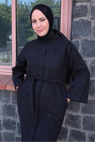 TRENDTESETTÜR WOMEN'S BLACK PLAID PATTERNED BELLOWED COAT T 5495