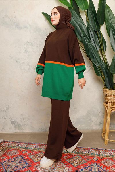 TRENDTESETTÜR ΓΥΝΑΙΚΕΙΟ ΚΑΦΕ (KAHVE-BENETTON) ΠΟΛΥΧΡΩΜΙΚΟ ΣΕΤ ΠΛΕΚΤΟ ΜΕ ΠΑΝΤΕΛΟΝΙ ΜΠΑΛΟΝΙ ΜΑΝΙΚΙ T 2108