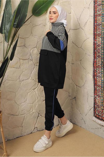 TRENDTESETTÜR WOMEN'S BLACK (BLACK-SAX) PUMP PATTERNED ZIPPERED TRACK SUIT T 2143