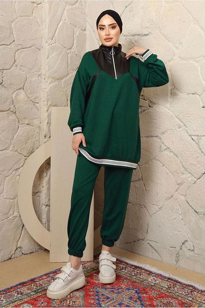 TRENDTESETTÜR WOMEN'S GREEN (ZEMRUT) COLLAR ZIPPERED STRIPED PANTS SUIT T 4043
