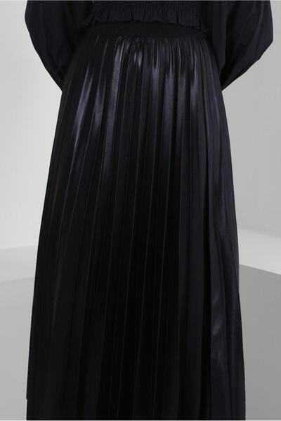 TRENDTESETTÜR Women's Black Elastic Waist Pleated Skirt T 20004