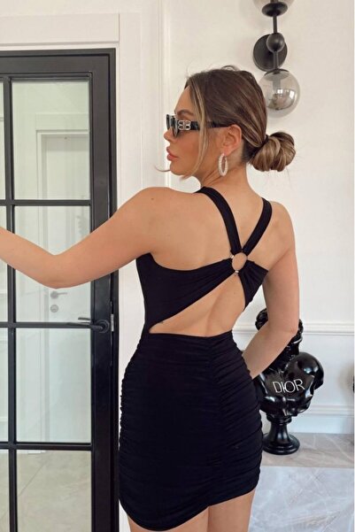 Glysso Kadın Sırt Detaylı Drapeli Siyah Elbise