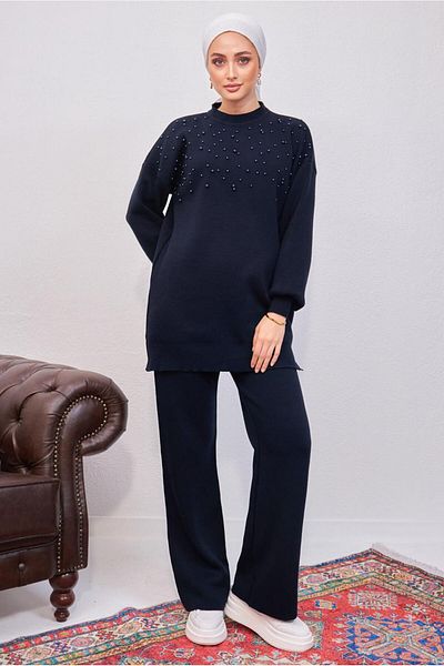TRENDTESETTÜR Γυναικείο Σετ Πλεκτό Παντελόνι Navy Blue Pearl T 8608