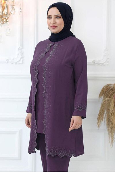 TRENDTESETTÜR WOMEN'S PURPLE (VIOLET) STONE EMBROIDERED PANT SUIT T 4521