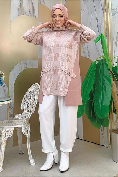 TRENDTESETTÜR WOMEN'S POWDER GRAP COLLAR KNIT TUNIC T 1834