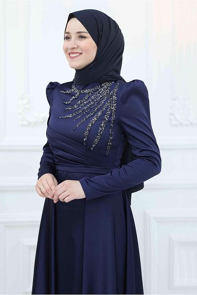 TRENDTESETTÜR Rochie de seară de damă albastru închis cu pliuri în față cu strasuri T 3553