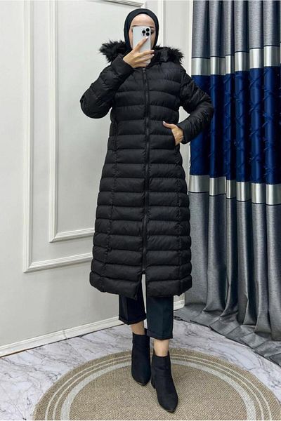 TRENDTESETTÜR Γυναικείο μαύρο γούνινο παλτό με φερμουάρ T 8483