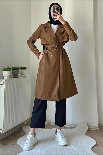 TRENDTESETTÜR Γυναικεία καφέ καμπαρντίνα με διπλό γιακά με ζώνη T 7395