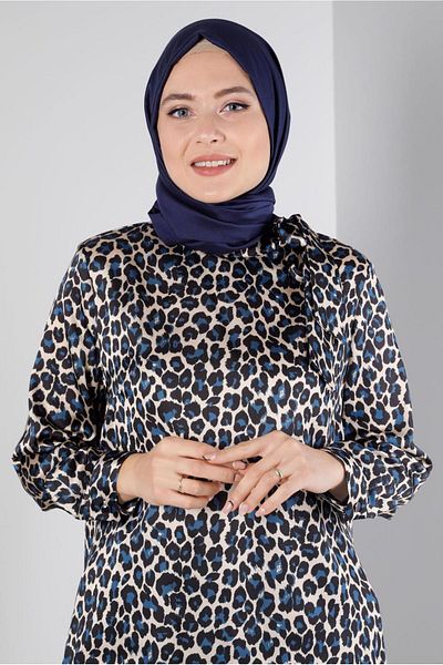 TRENDTESETTÜR TUNICĂ DE SATIN CU MODEL LEOPARD ALBASTRU ÎNCHIS (SAKS) T 20308