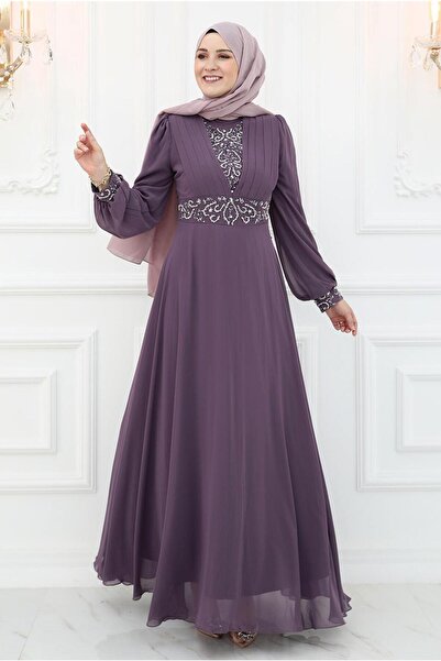 TRENDTESETTÜR KADIN MOR (LAVANTA) TAŞ İŞLEMELİ ABİYE ELBİSE T 2653