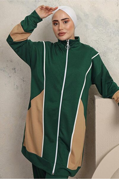 TRENDTESETTÜR WOMEN'S GREEN (ZEMRUT) COLOR BLOCKED PANT SUIT T 0043