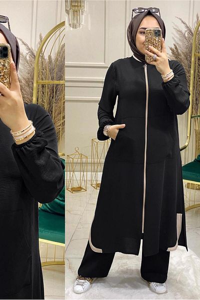 TRENDTESETTÜR WOMEN'S BLACK ZIPPERED CUFFS WITH ELASTIC PANTS SUIT T 90047