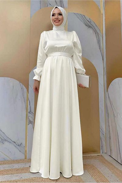 TRENDTESETTÜR WOMEN'S Ecru BELLOWED CUFFS RUBBERED SATIN GOWN DRESS T 1973