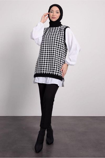 TRENDTESETTÜR WOMEN'S BLACK PATTERNED KNITWEAR TUNIC T 1846