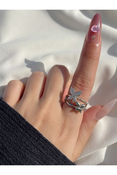 Eylülün Takısı Women's Silver Color Double Stone Butterfly Ring