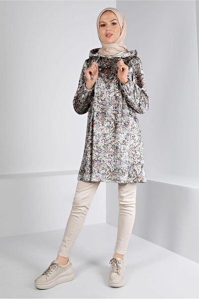 TRENDTESETTÜR WOMEN'S GRAY PATTERNED VELVET TUNIC T 43392