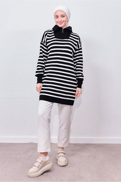 TRENDTESETTÜR WOMEN'S BLACK STRIPED KNIT TUNIC T 0908