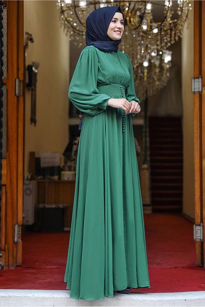 TRENDTESETTÜR Rochie de seară detaliată cu butoni cu mâneci balon pentru femei, verde (verde), T 0253