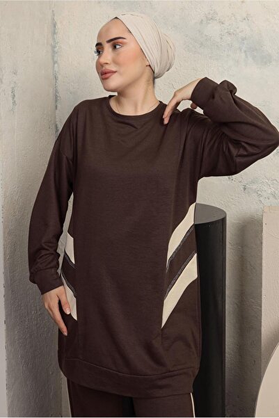 TRENDTESETTÜR Women's Brown Stripe Detailed Sweatpants Suit T 1043