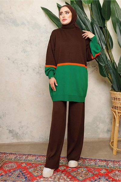 TRENDTESETTÜR ΓΥΝΑΙΚΕΙΟ ΚΑΦΕ (KAHVE-BENETTON) ΠΟΛΥΧΡΩΜΙΚΟ ΣΕΤ ΠΛΕΚΤΟ ΜΕ ΠΑΝΤΕΛΟΝΙ ΜΠΑΛΟΝΙ ΜΑΝΙΚΙ T 2108