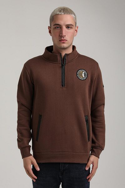 NEW WORLD POLO Stand Collar Brown Slim Fit Full-Zip Sweatshirt 24Fwm64083