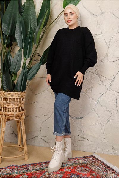TRENDTESETTÜR WOMEN'S BLACK CUFFS RUBBERED KNIT TUNIC T 8208