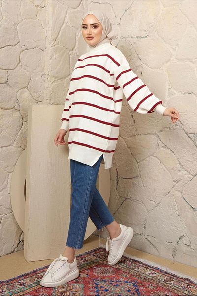 TRENDTESETTÜR WOMEN'S RED STRIPED KNITWEAR TUNIC T 1608