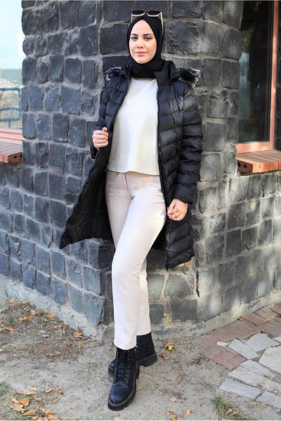 TRENDTESETTÜR معطف منتفخ أسود بغطاء للرأس للنساء T 2142