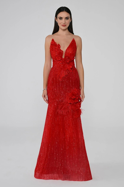 ALFABETA DERİN V YAKA PAYETLİ ÇİÇEKLİ OTRİŞ DETAYLI ŞIK ABİYE ELBİSE