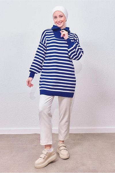 TRENDTESETTÜR WOMEN'S NAVY BLUE (SAX) STRIPED KNIT TUNIC T 0908