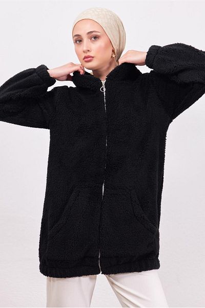 TRENDTESETTÜR Women's Black Hooded Plush Jacket T 3453