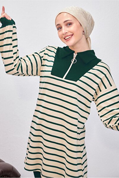 TRENDTESETTÜR WOMEN'S GREEN (ZEMRUT) STRIPED PANT SUIT T 8643