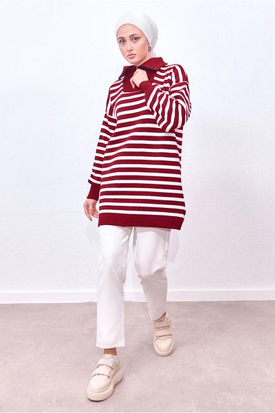 TRENDTESETTÜR WOMEN'S RED STRIPED TRICOT TUNIC T 0908