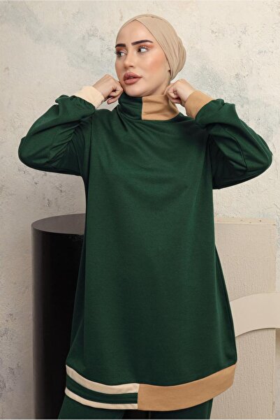 TRENDTESETTÜR WOMEN'S GREEN (ZEMRUT) TRICOLORY THROAT PANT SUIT T 2043