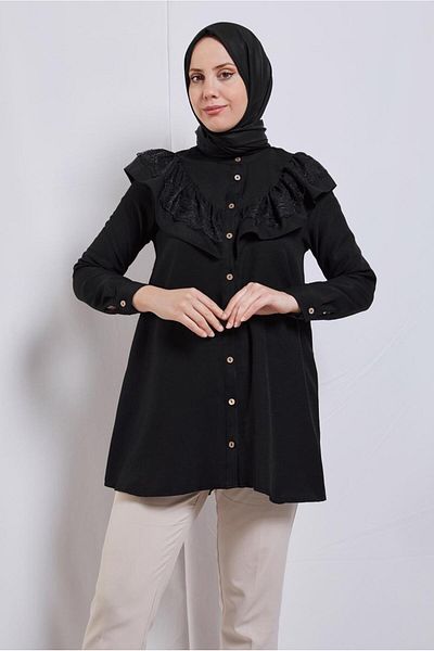 TRENDTESETTÜR WOMEN'S BLACK RUFFLE DETAIL TUNIC T 5347