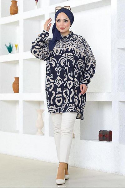 TRENDTESETTÜR Navy Blue Patterned Cotton Women's Tunic - T 3548