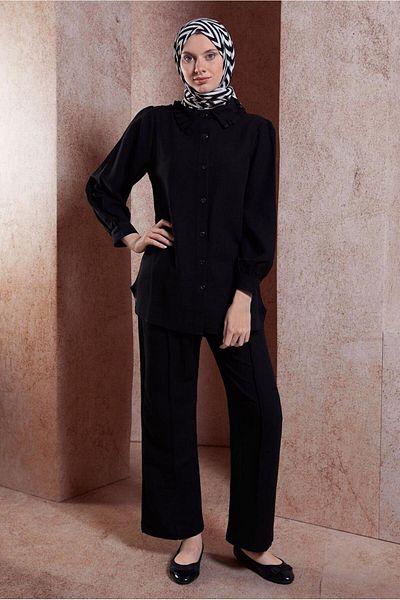 TRENDTESETTÜR Γυναικείο Σετ με Παντελόνι Μαύρο Ruffle Collar - T 4102