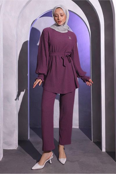 TRENDTESETTÜR Purple Women's Set with Brooch Detail - Pants T 1704