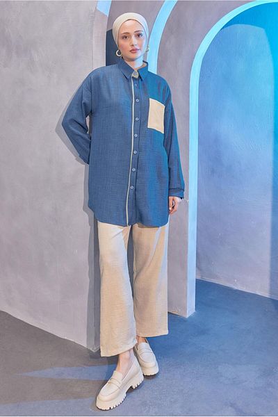 TRENDTESETTÜR Γυναικείο σετ Navy Indigo - Πουκάμισο γιακά και παντελόνι T 4004