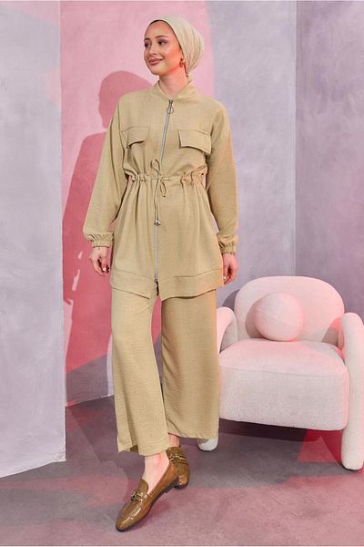 TRENDTESETTÜR Γυναικείο Σετ CAMEL Coffee Color - Lace-up Waist & Pants T 3304