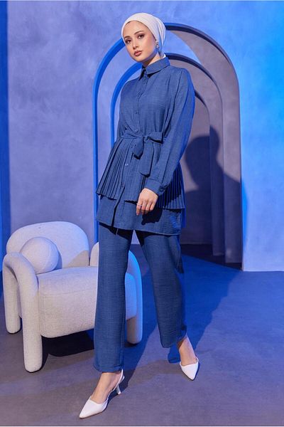 TRENDTESETTÜR Μπλε Navy Indigo Πλισέ Παντελόνι Κοστούμι - T 4493