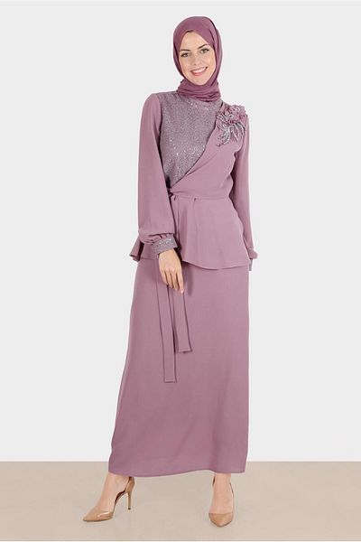 TRENDTESETTÜR Lilac Stone Detailed Women's Skirt Suit - T 30282