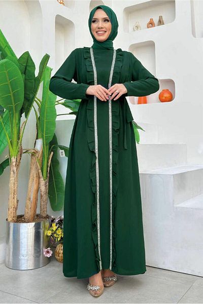 TRENDTESETTÜR WOMEN'S GREEN (ZEMRUT) BELLOWED Ruffled Dress Suit T 9848