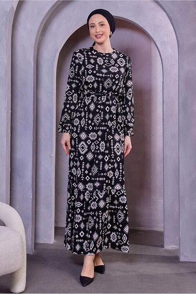 TRENDTESETTÜR Γυναικείο φόρεμα με μαύρο σχέδιο με ζώνη - T 8493