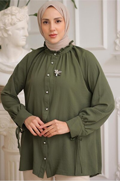 TRENDTESETTÜR WOMEN'S KHAKI BROOCHE DETAILED SHIRT TUNIC T 93616